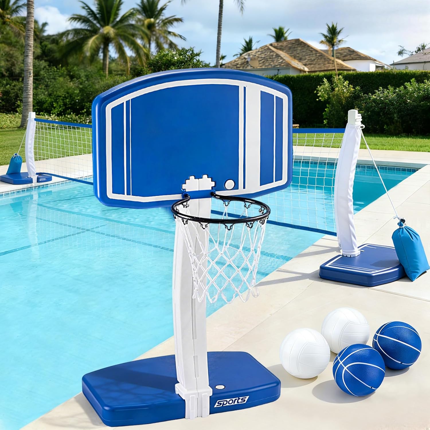 Kids Outdoor Water - Bovengrondse zwembad basketbalring en volleybalnet 2-in-1,